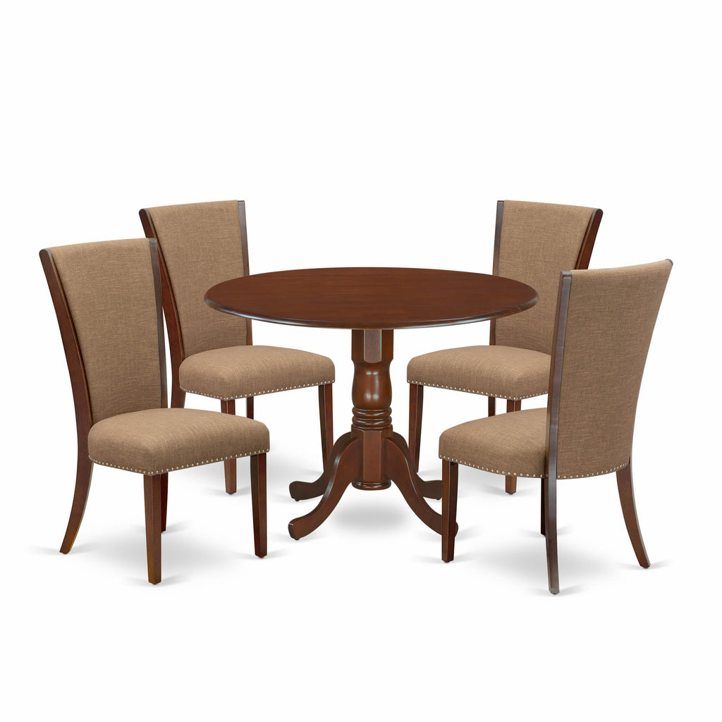 DLVE5-1M3-FN 5 Piece Dining Set with Round Dropleaf Table and 4 Linen Parson Chairs in Elegant White, 42