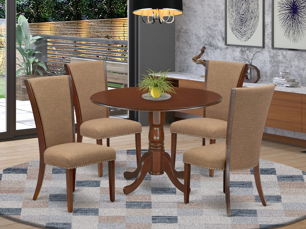 DLVE5-1M3-FN 5 Piece Dining Set with Round Dropleaf Table and 4 Linen Parson Chairs in Elegant White, 42