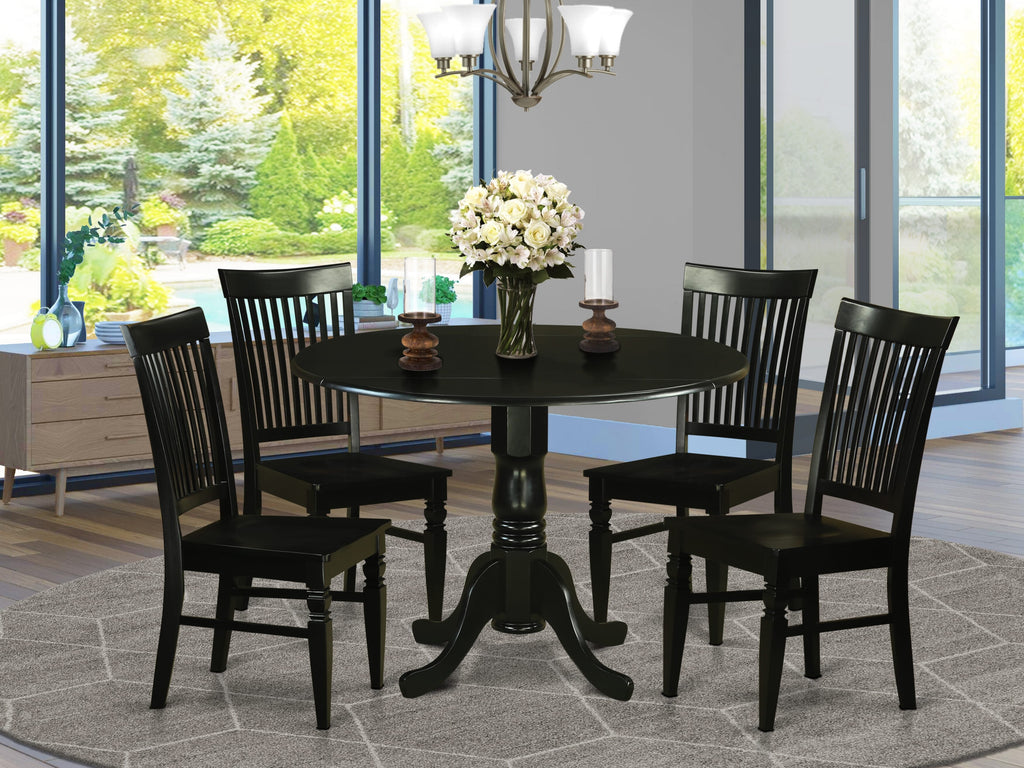 DLWE5-9V3-V 5-Piece Dining Suite Round Dropleaf Table & 4 Chairs, Black Finish, 42x42, Ideal for Cozy Meals