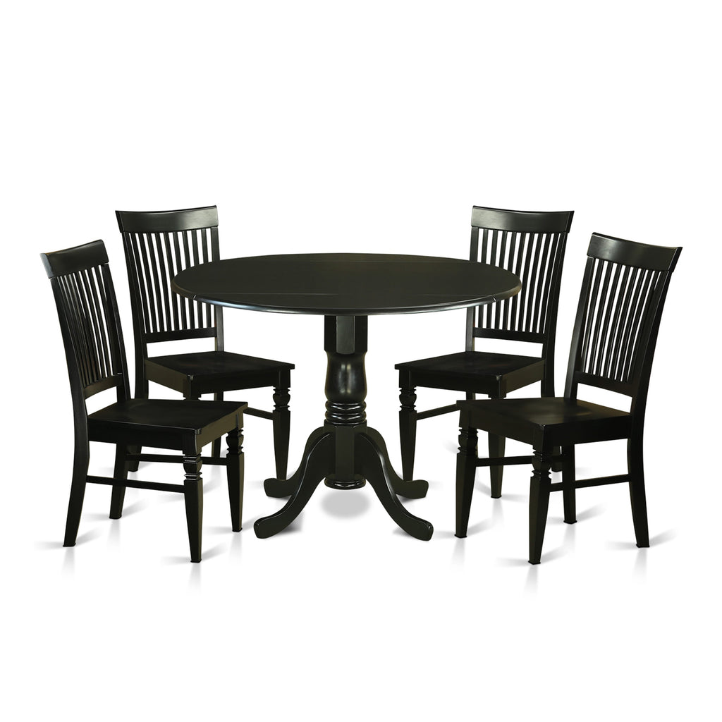 DLWE5-9V3-V 5-Piece Dining Suite Round Dropleaf Table & 4 Chairs, Black Finish, 42x42, Ideal for Cozy Meals