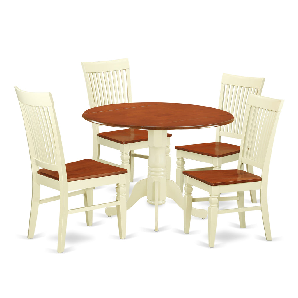 DLWE5-L8K-N 5-Piece Set for Dining Round Drop-leaf Table & 4 Chairs, 42x42 Buttermilk-Cherry Finish