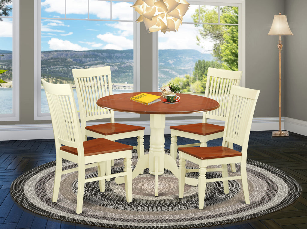 DLWE5-L8K-N 5-Piece Set for Dining Round Drop-leaf Table & 4 Chairs, 42x42 Buttermilk-Cherry Finish