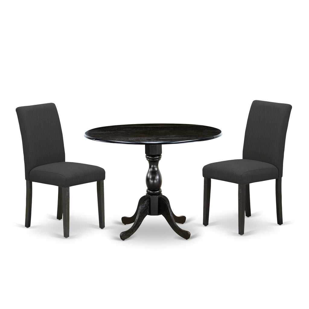 DMAB3-3R8-WF 3-Piece Rustic Dining Round Table Set with Dropleaf and 2 Chic Black Fabric Chairs, 42