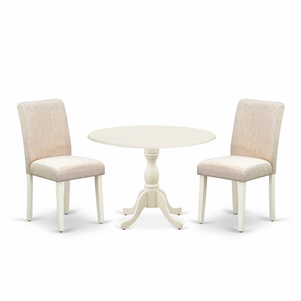 DMAB3-J8K-AT 3 Piece Dining Suite with Round Table and 2 Upholstered Beige Chairs, 42x42 Inches, Linen White Finish