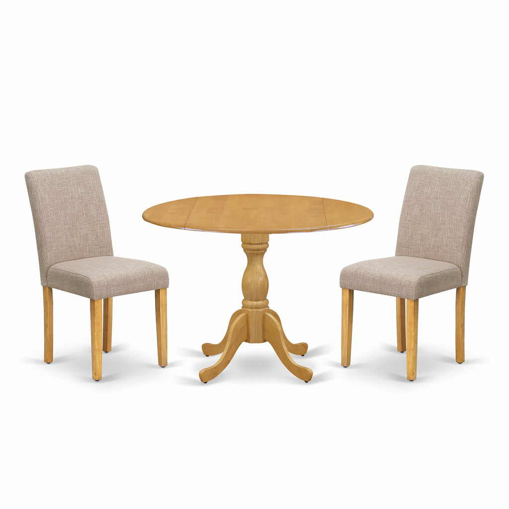 DMAB3-UIG-PB Compact Kitchen Ensemble with Drop-Leaf Table and 2 Light Tan Linen Fabric Parsons Chairs, 42x42, Oak