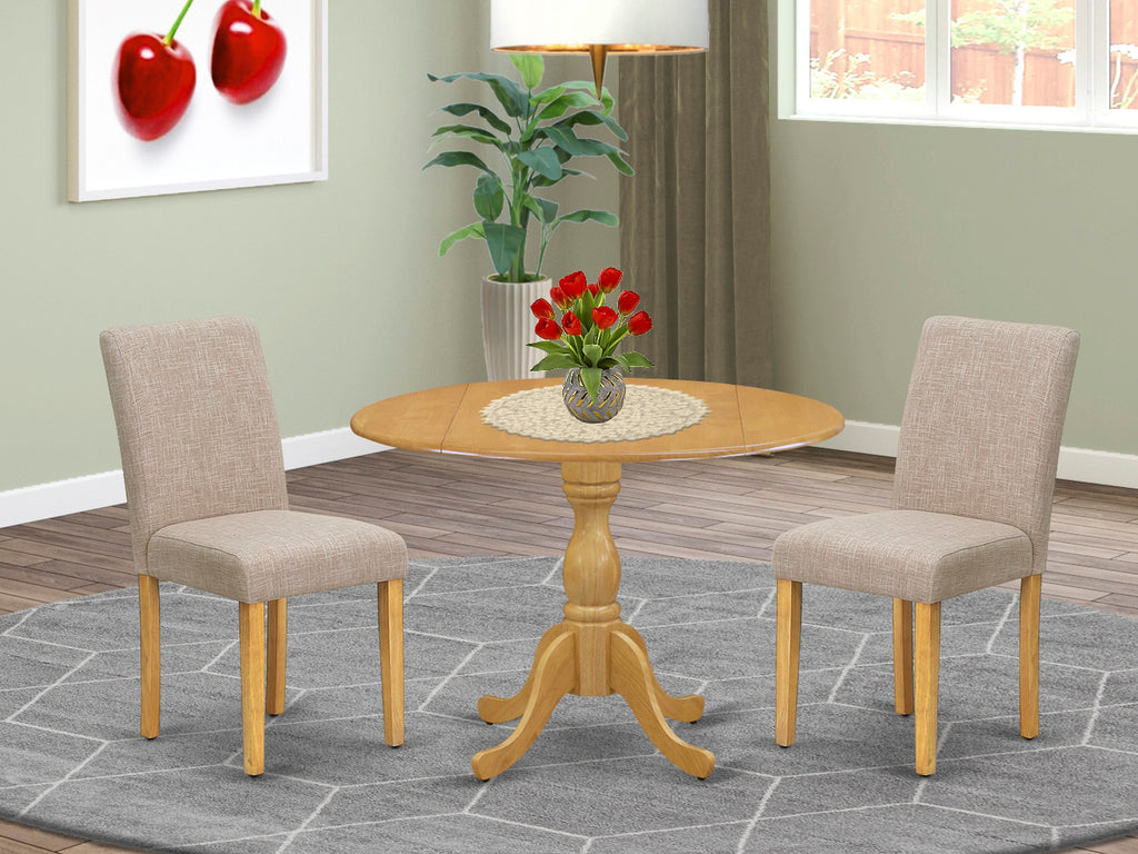 DMAB3-UIG-PB Compact Kitchen Ensemble with Drop-Leaf Table and 2 Light Tan Linen Fabric Parsons Chairs, 42x42, Oak
