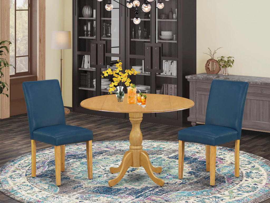 DMAB3-P3W-0V 3-Piece Set Round Dining Table with Dropleaf & 2 Faux Leather Chairs in Oasis Blue, 42x42 Inch, Oak Finish
