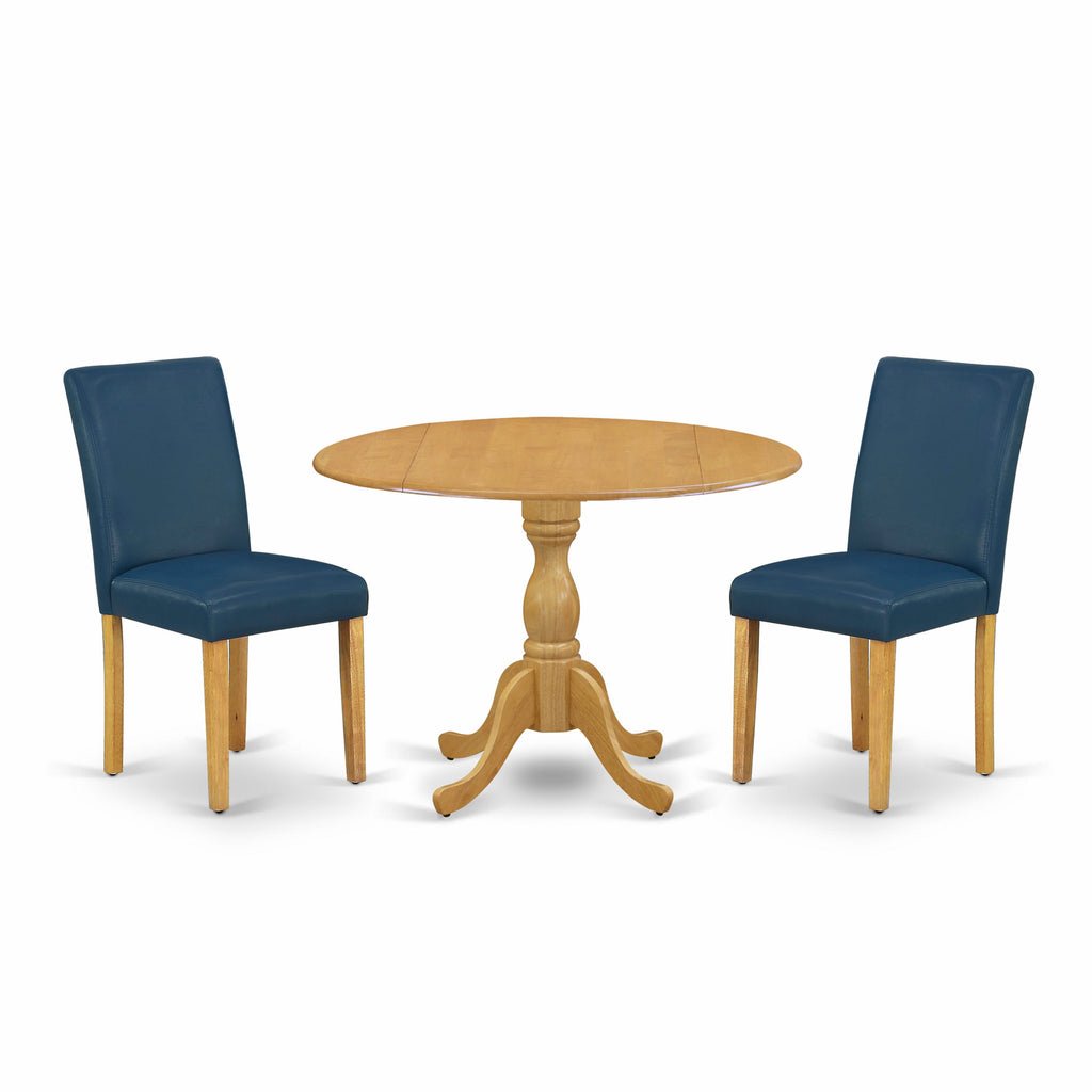DMAB3-P3W-0V 3-Piece Set Round Dining Table with Dropleaf & 2 Faux Leather Chairs in Oasis Blue, 42x42 Inch, Oak Finish