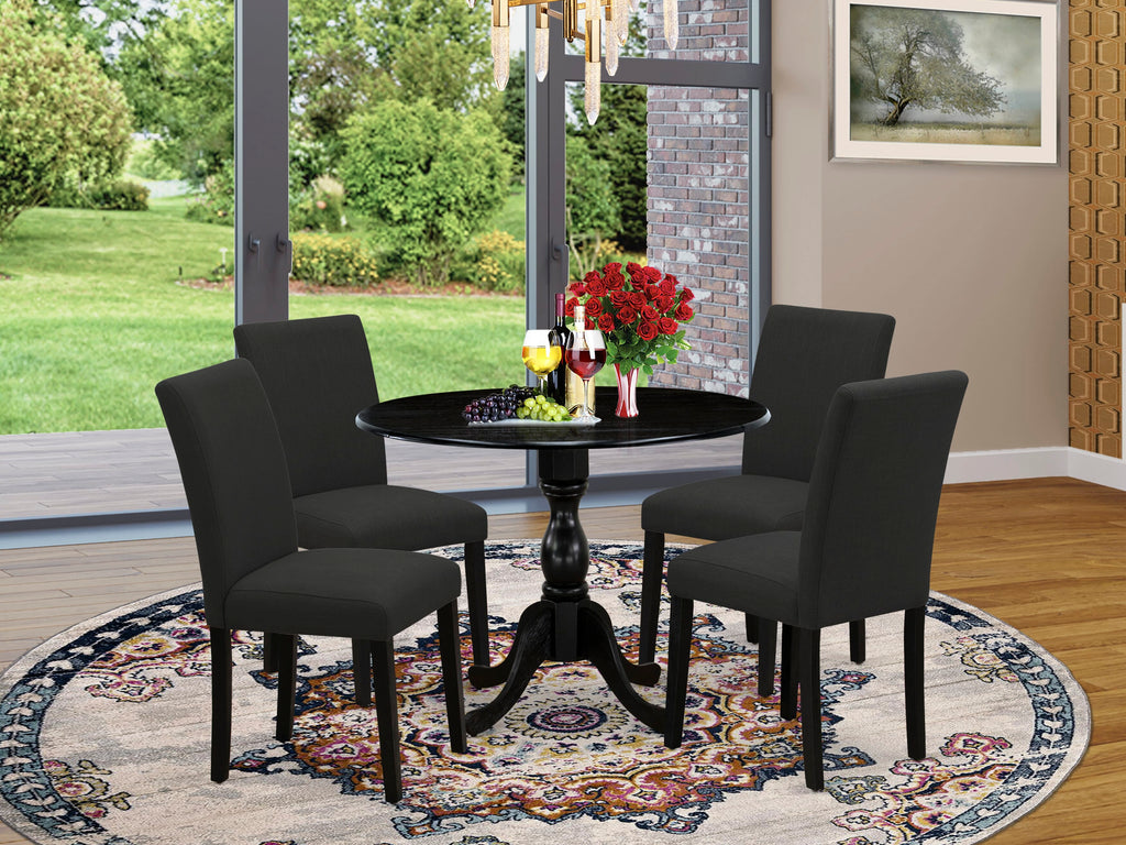 DMAB5-LVJ-DS Elegant Round Dining Set with Black Fabric Covered Seats & Adjustable Drop Leaf for Stylish Spaces