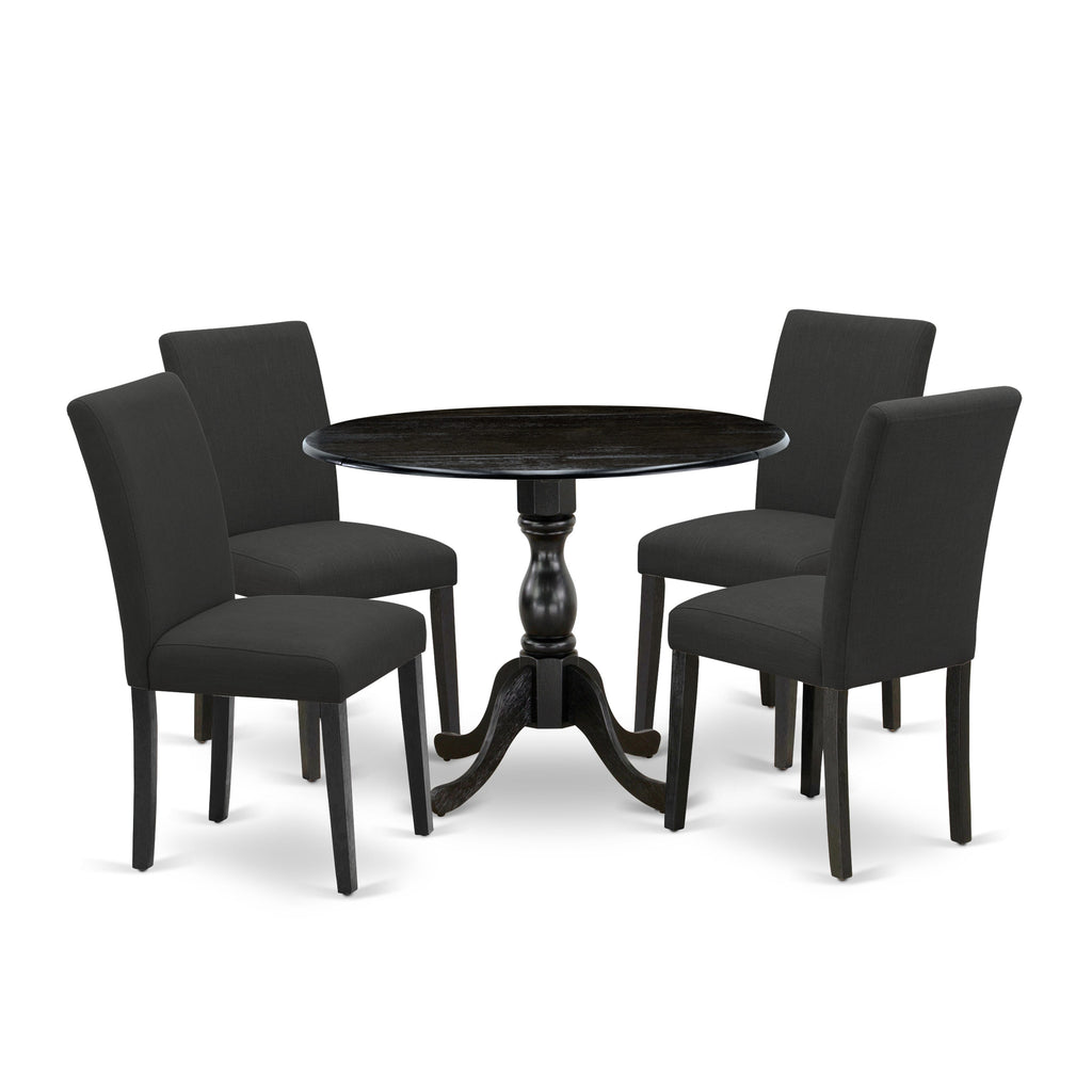 DMAB5-LVJ-DS Elegant Round Dining Set with Black Fabric Covered Seats & Adjustable Drop Leaf for Stylish Spaces