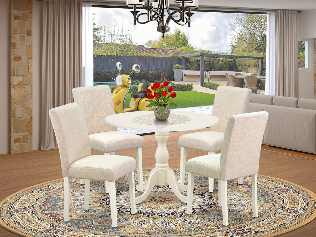 DMAB5-NU2-NU 5 Piece Round Dining Set with Dropleaf Table & 4 Light Beige Seats, 42x42 Inch, Linen White