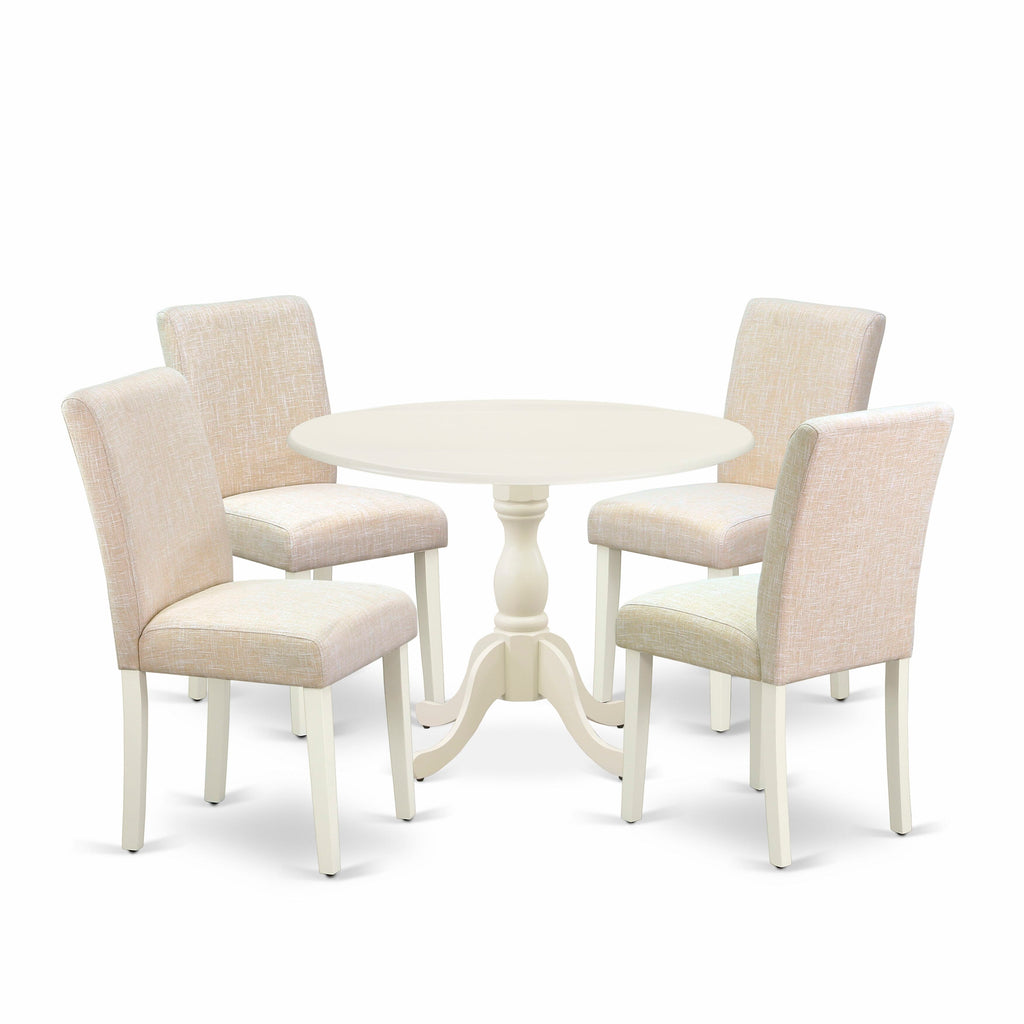 DMAB5-NU2-NU 5 Piece Round Dining Set with Dropleaf Table & 4 Light Beige Seats, 42x42 Inch, Linen White