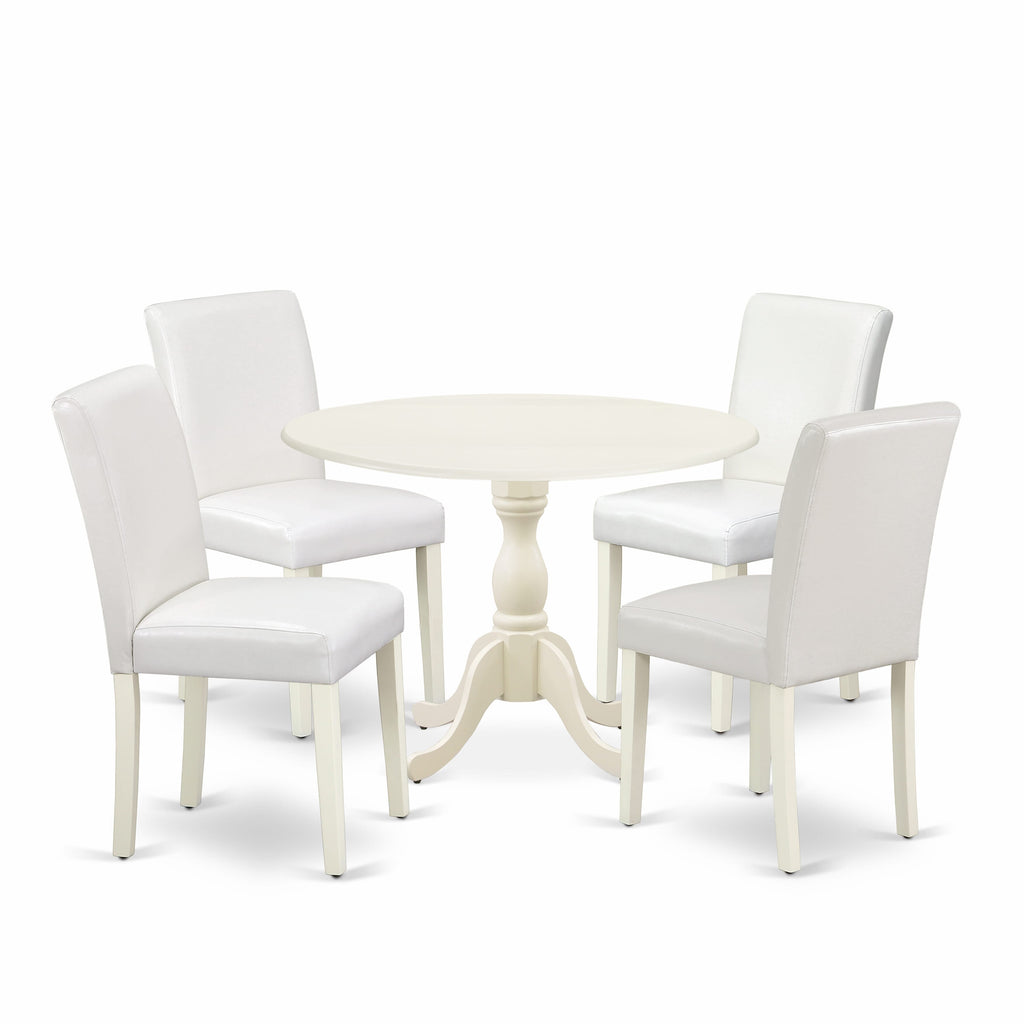DMAB5-G8C-NZ 5-Piece Dining Ensemble with Round Table and Faux Leather Chairs, Linen White Finish, 42 Inches