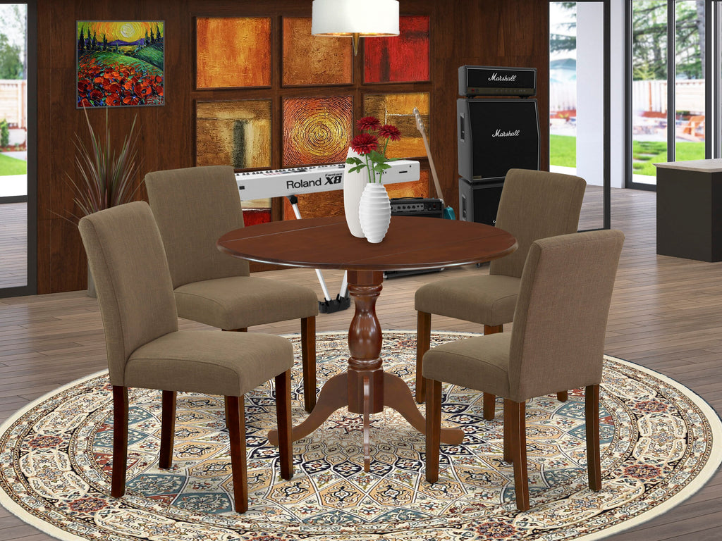 DMAB5-B8D-EJ 5-Piece Dining Room Set with Dropleaf Round Table and Upholstered Chairs in Rich Coffee Fabric, Ideal for Modern Spaces, 42x42
