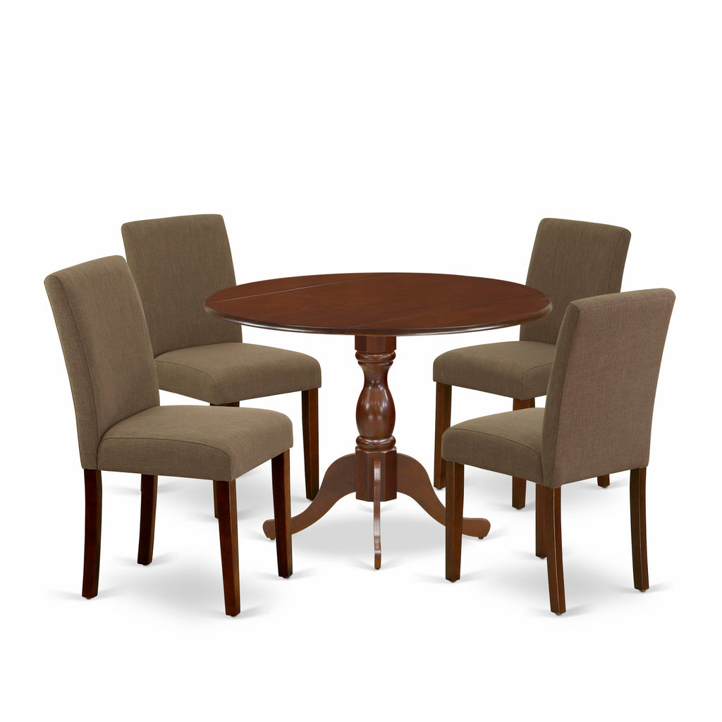 DMAB5-B8D-EJ 5-Piece Dining Room Set with Dropleaf Round Table and Upholstered Chairs in Rich Coffee Fabric, Ideal for Modern Spaces, 42x42