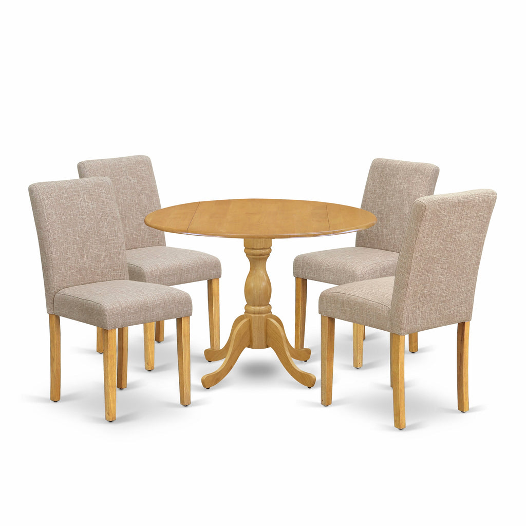 Elegant Dining Room Furniture Set DMAB5-J9D-B2 42-Inch Oak Table with Drop Leaf & 4 Linen Parson Chairs