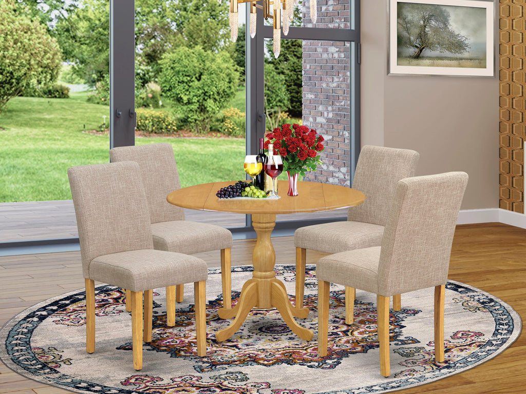 Elegant Dining Room Furniture Set DMAB5-J9D-B2 42-Inch Oak Table with Drop Leaf & 4 Linen Parson Chairs