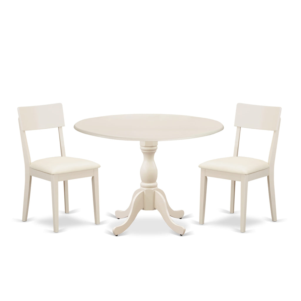 DMAD3-M9W-75 Compact 3-Piece Dining Set with Adjustable Round Table and Chair Pair, Linen White Finish