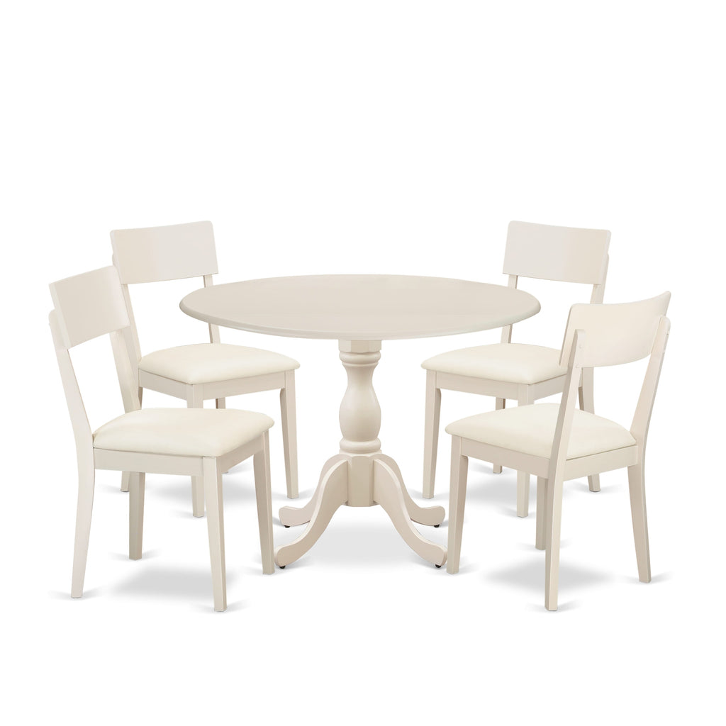 DMAD5-MH9-Z7 5 Piece Dining Set in Soft White, Includes Drop Leaf Table & 4 Leatherlike Dining Chairs, 42x42 Inch