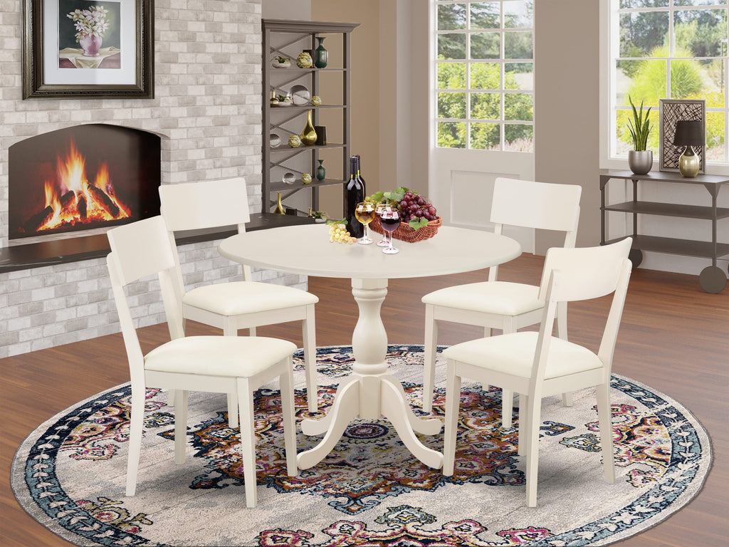 DMAD5-MH9-Z7 5 Piece Dining Set in Soft White, Includes Drop Leaf Table & 4 Leatherlike Dining Chairs, 42x42 Inch