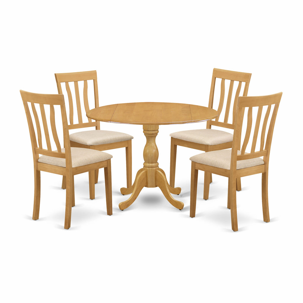 Set DMAN5-94A-N Round Oak Dinette Ensemble with Dropleaf Table for 4 & Linen Chairs