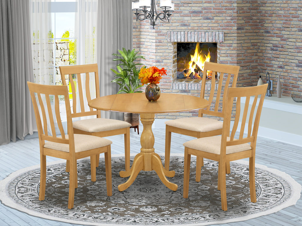 Set DMAN5-94A-N Round Oak Dinette Ensemble with Dropleaf Table for 4 & Linen Chairs