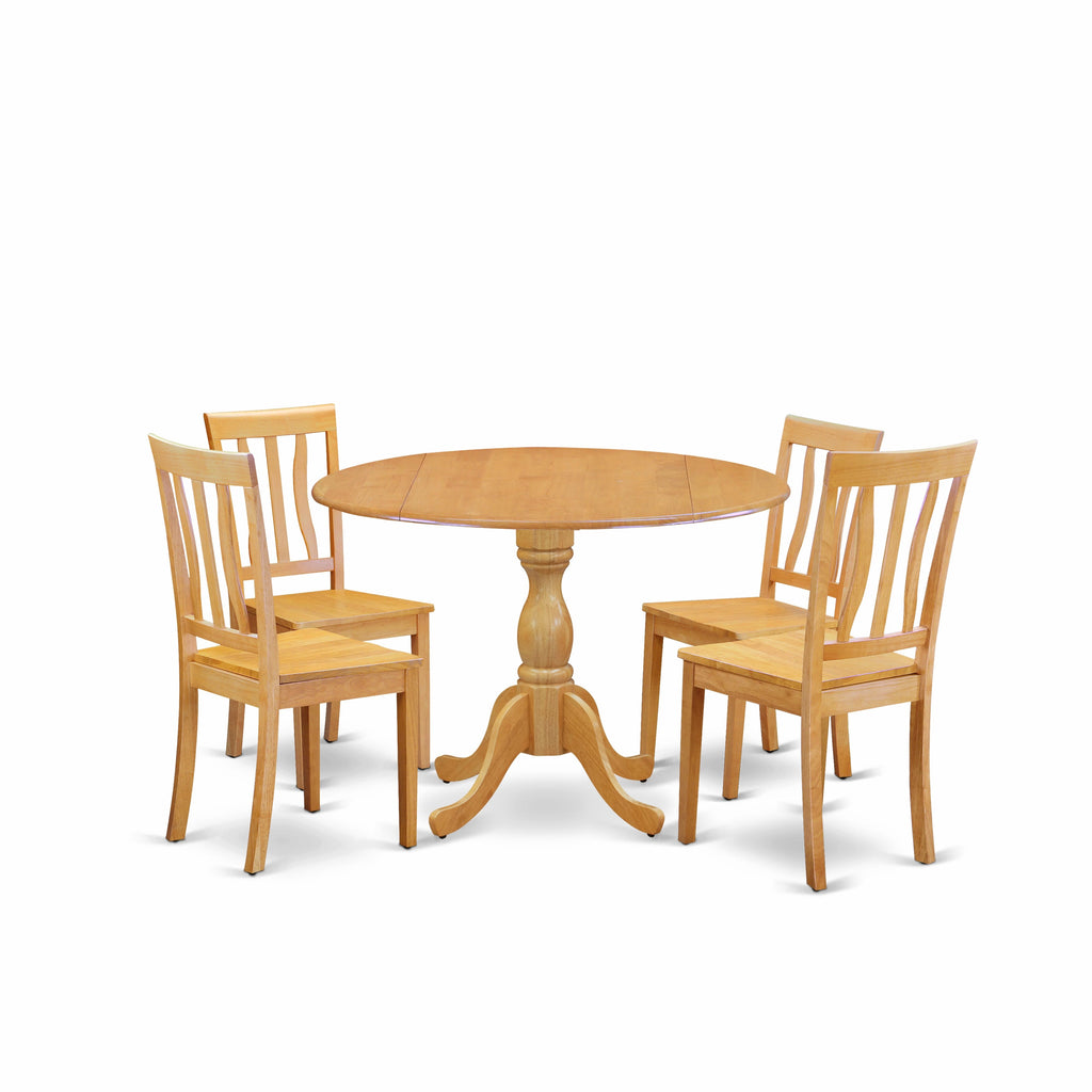 DMAN5-F4R-J 5 Piece Round Dining Set with Drop Leaf Table and Chairs in Oak Finish