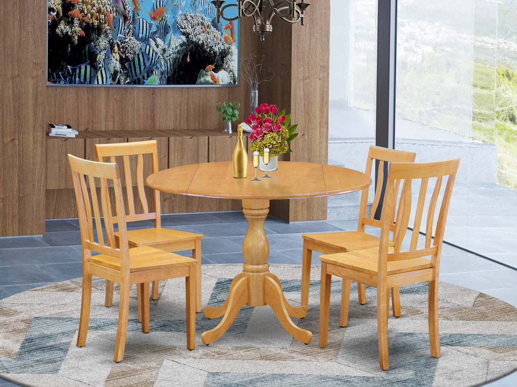 DMAN5-F4R-J 5 Piece Round Dining Set with Drop Leaf Table and Chairs in Oak Finish