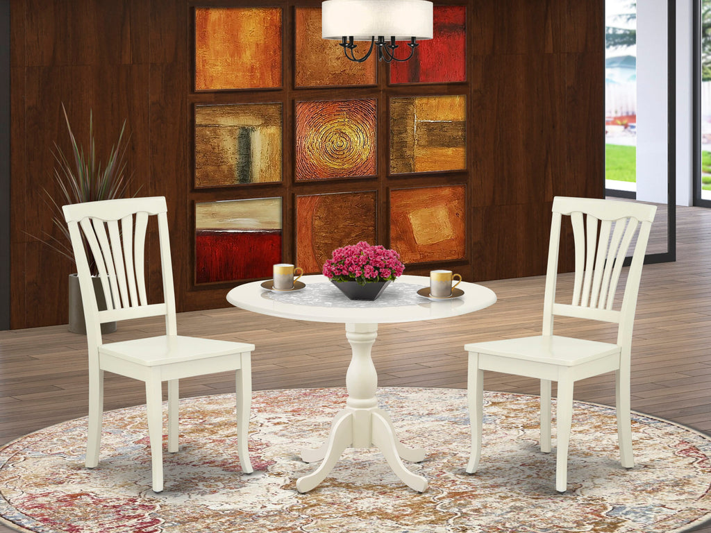 DMAV3-EEA-F 3-Pc Dropleaf Round Table Set with 2 Chairs for Dining, Linen White, 42-inch