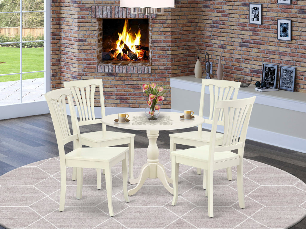 DMAV5-8AD-G 5-Piece Set Round Dropleaf Table & 4 Linen White Chairs for Modern Dining, 42x42