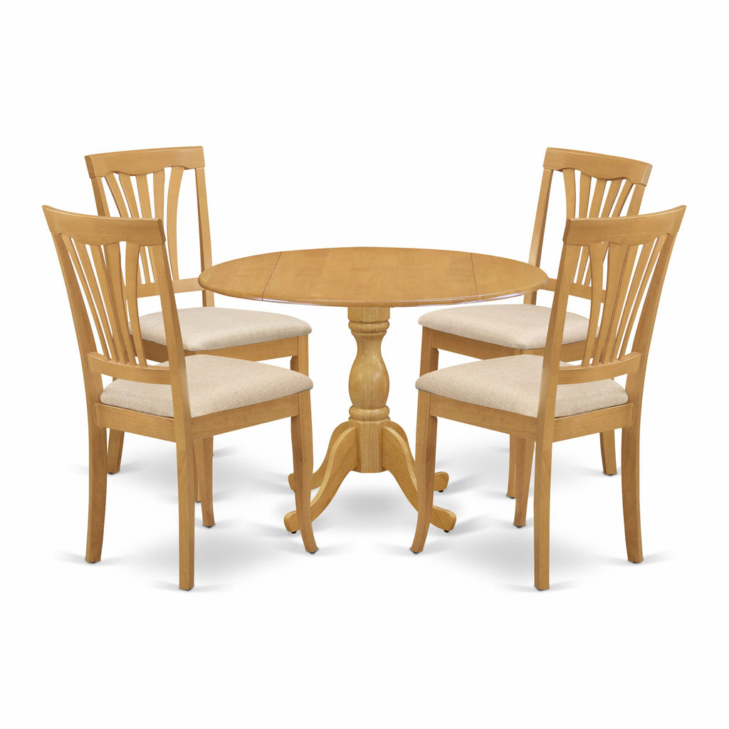 DMAV5-RID-I Elegant Dining Ensemble for Four with Round Drop Leaf Table & Stylish Chairs, Natural Oak