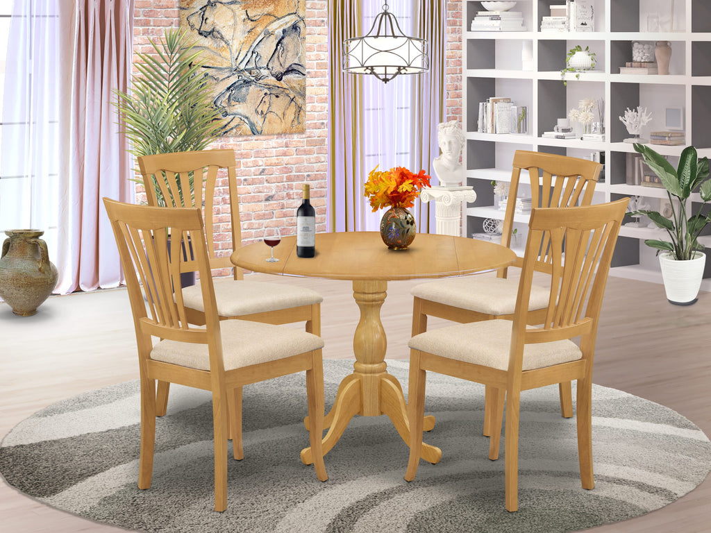 DMAV5-RID-I Elegant Dining Ensemble for Four with Round Drop Leaf Table & Stylish Chairs, Natural Oak