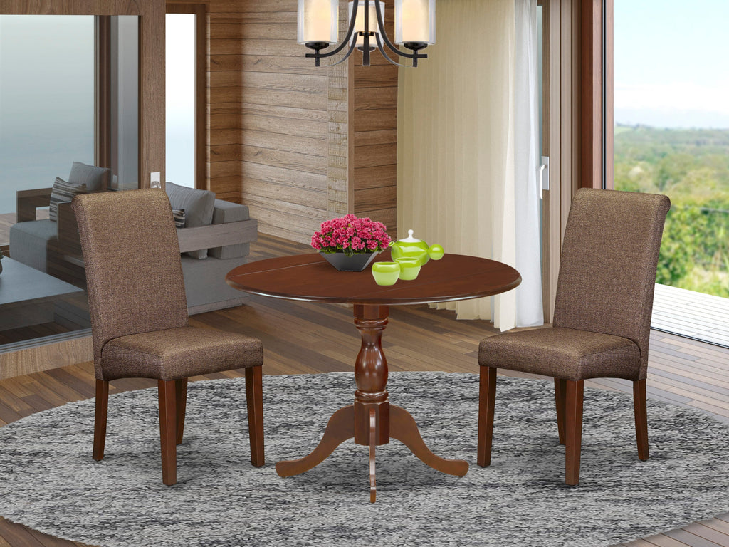 DMBA3-7FJ-22 3pc Dining Ensemble with Mahogany Dropleaf Table & Brown Fabric Chairs, 42” Square