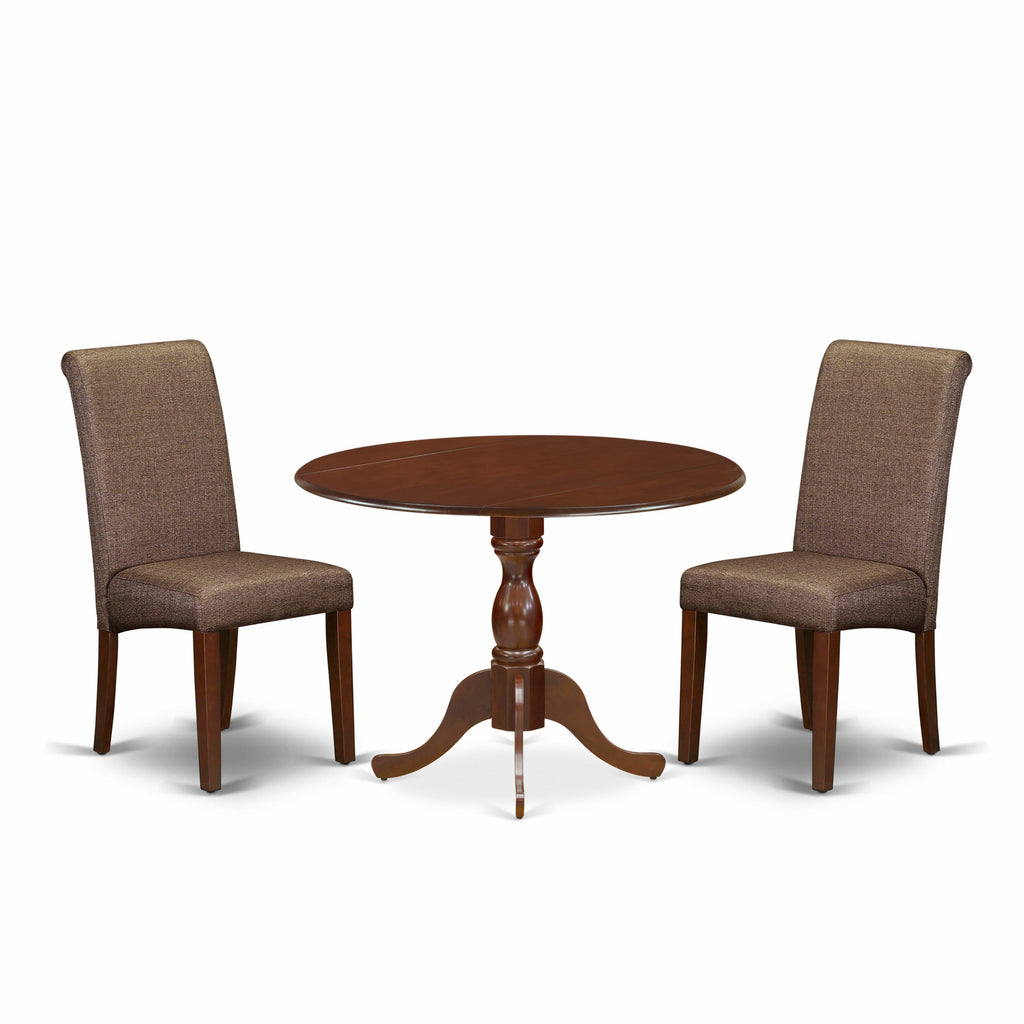 DMBA3-7FJ-22 3pc Dining Ensemble with Mahogany Dropleaf Table & Brown Fabric Chairs, 42” Square