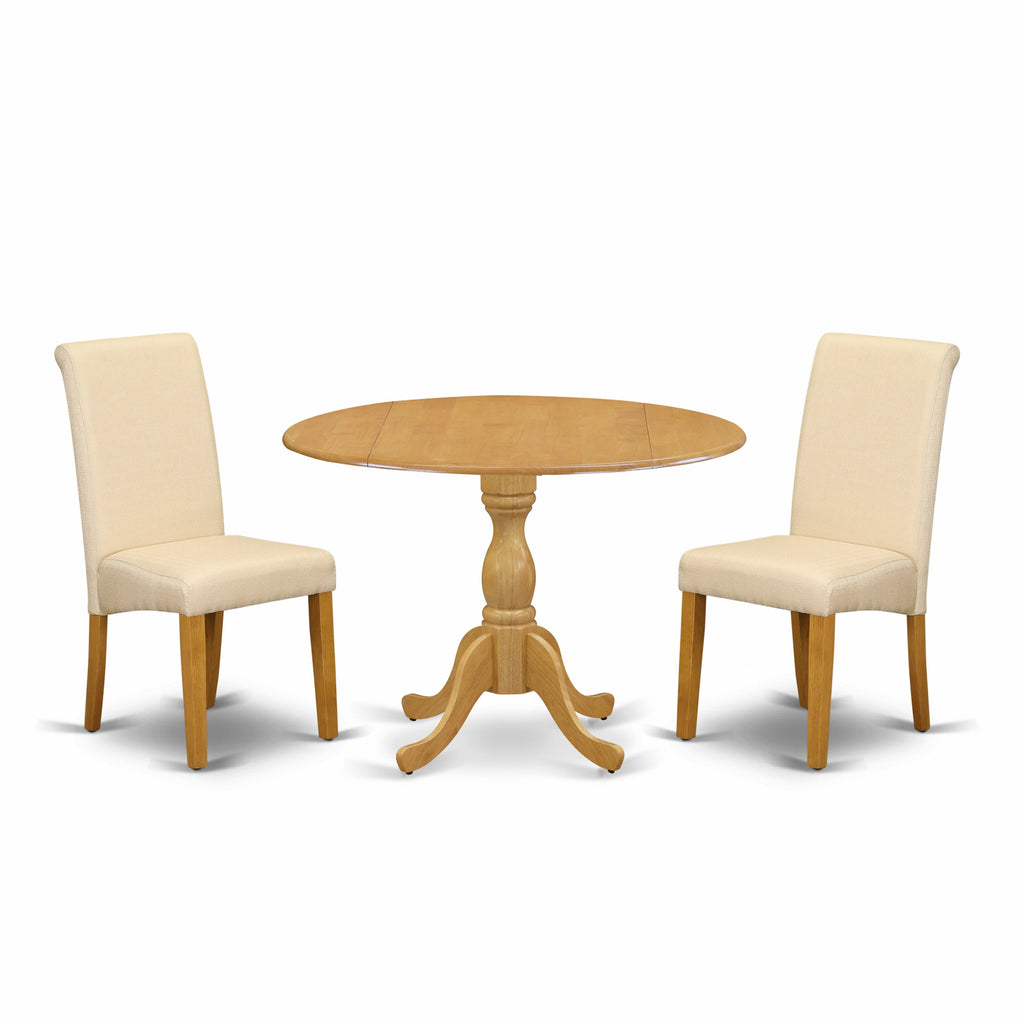 DMBA3-RJ4-BG 3 Pc Dining Ensemble - Round Extendable Dining Table with Drop Leaf & 2 Beige Upholstered Chairs, Oak