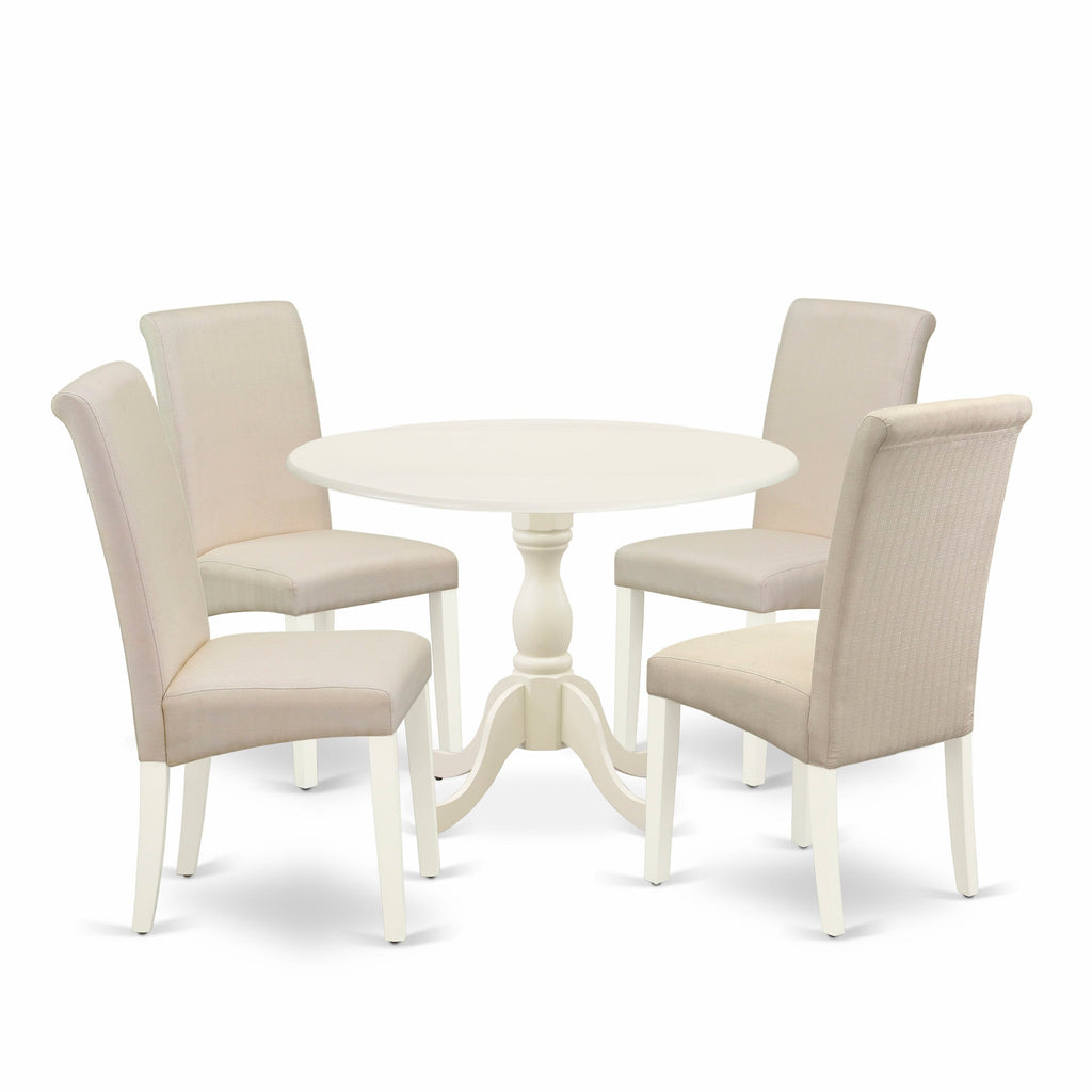 DMBA5-F1V-QW Ensemble 5-Piece Round Dining Set with Dropleaf Table & 4 Cream Upholstered Chairs, White