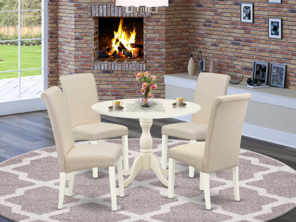 DMBA5-F1V-QW Ensemble 5-Piece Round Dining Set with Dropleaf Table & 4 Cream Upholstered Chairs, White