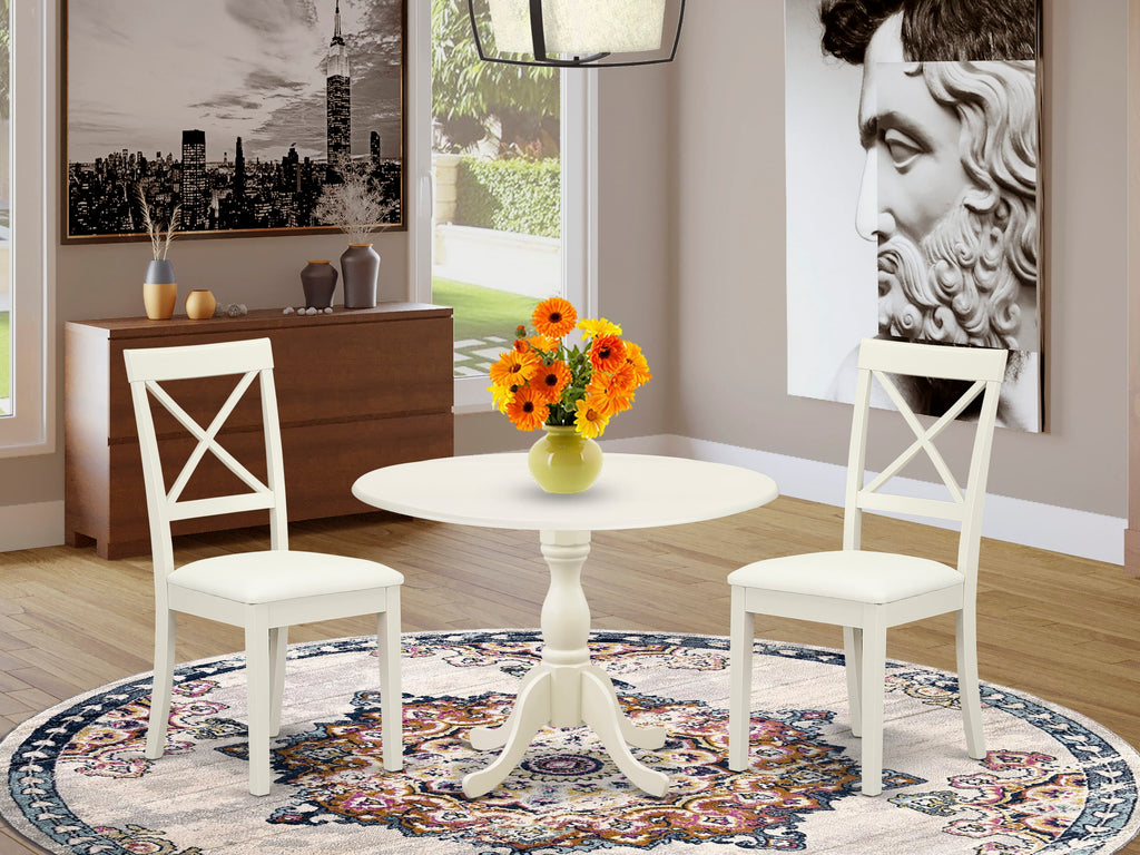 DMBO3-405-W 3-Piece Compact Dining Ensemble Dropleaf Table & Upholstered Chairs, 42x42 Linen White