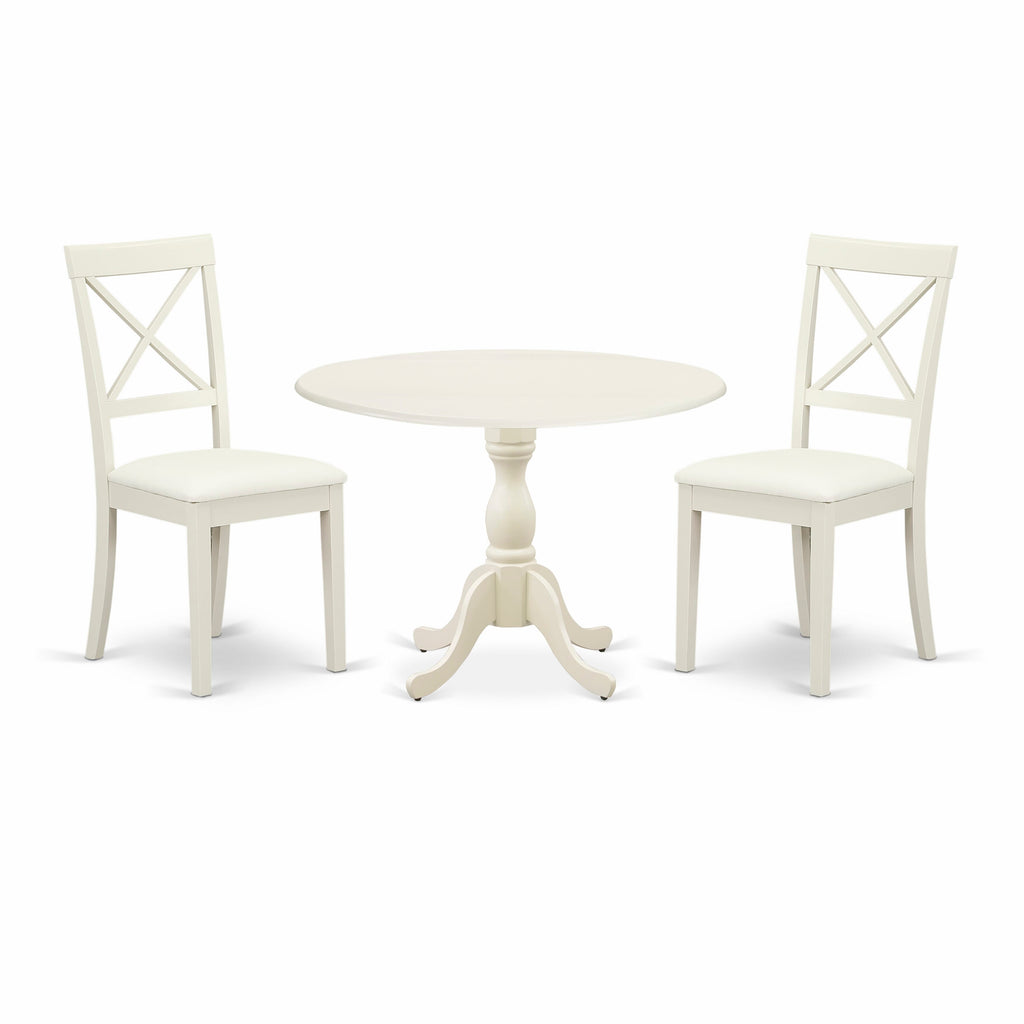 DMBO3-405-W 3-Piece Compact Dining Ensemble Dropleaf Table & Upholstered Chairs, 42x42 Linen White
