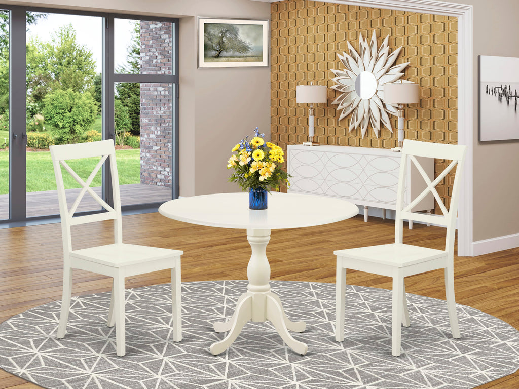 Elevate Dining with DMBO3-6BL-7 3 Piece Set Featuring Dropleaf Table & Chairs, 42 Linen White Finish