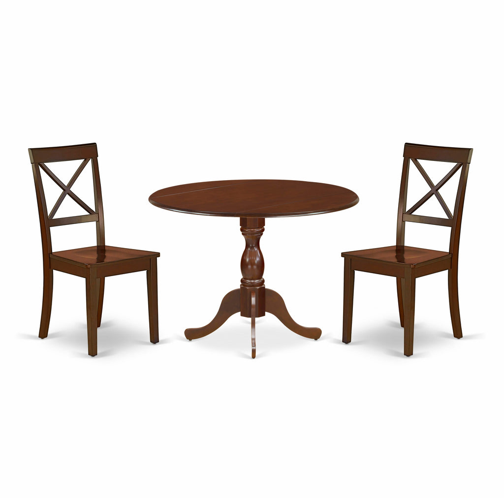 Exquisite DMBO3-WQI-W Dining Set Round Table with Dropleaf and Two Stylish Chairs, Mahogany Finish, 42x42