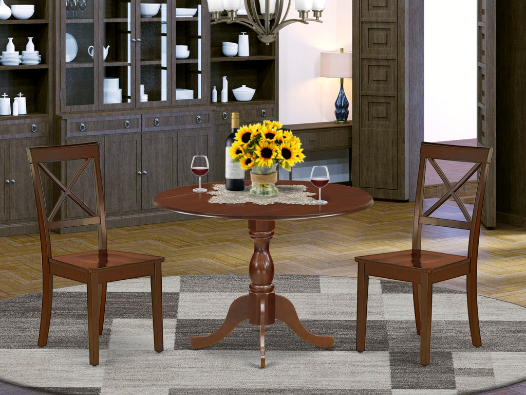 Exquisite DMBO3-WQI-W Dining Set Round Table with Dropleaf and Two Stylish Chairs, Mahogany Finish, 42x42