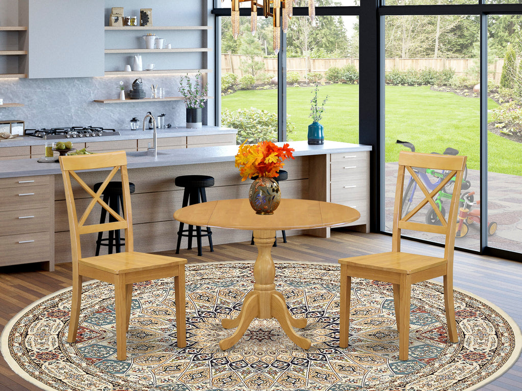 DMBO3-9PL-3 Three-Piece Compact Dining Set with Round Leaf Table & Two Wood Chairs, 42x42 Oak Wood Design