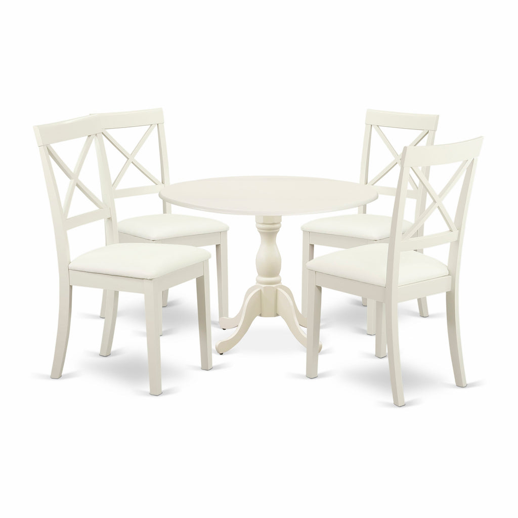 DMBO5-3PI-N Dining Set Round Table with Dropleaf and 4 Linen Upholstered Chairs for 4, 42x42 Inch, Linen White