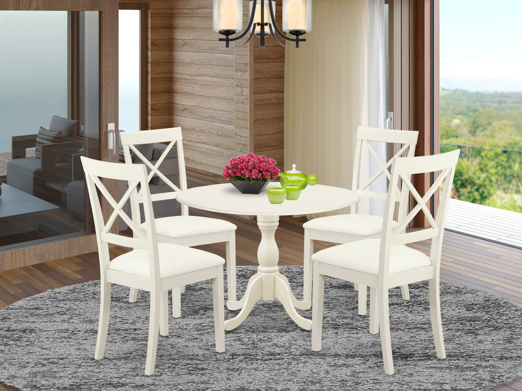 DMBO5-3PI-N Dining Set Round Table with Dropleaf and 4 Linen Upholstered Chairs for 4, 42x42 Inch, Linen White