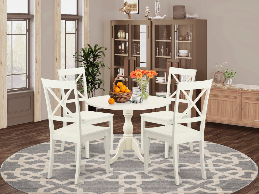 DMBO5-DI5-E 5 Piece Dining Set with Drop Leaf Round Table and 4 Chairs in Linen White
