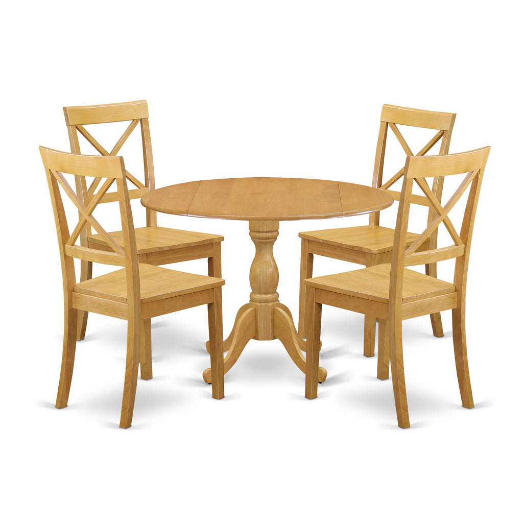 DMBO5-ELY-B Dining Ensemble 5-Piece Table Set with Round Dropleaf Surface and Quartet of Chairs, Oak Finish