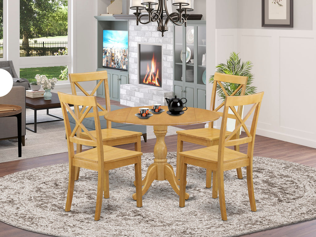 DMBO5-ELY-B Dining Ensemble 5-Piece Table Set with Round Dropleaf Surface and Quartet of Chairs, Oak Finish
