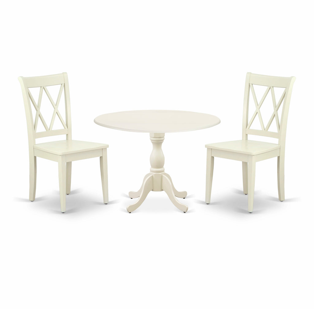 DMCL3-FYF-B Compact 3-Piece Dining Ensemble with Dropleaf Table and Two Chairs - 42 Linen White, Ideal for Cozy Spaces