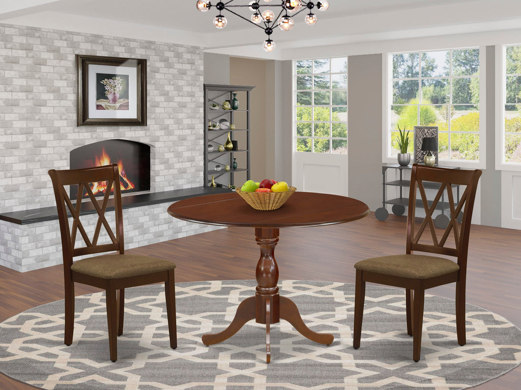 DMCL3-493-M Three-Piece Dining Ensemble for Compact Spaces Round Dropleaf Table & Upholstered Chairs, Mahogany Finish